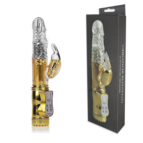 RT002R-Dourado_1 Vibrador Rotativo 36 Funções com Estimulador Clitoriano 22,5x3x5 Miss Collection