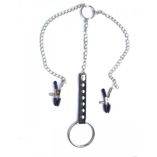 SA007_1 Prendedor para Mamilos Masculino com Corrente e Anel Peniano em Metal Miss Collection