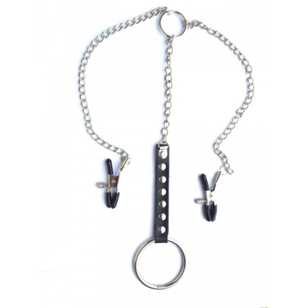 SA007_1 Prendedor para Mamilos Masculino com Corrente e Anel Peniano em Metal Miss Collection