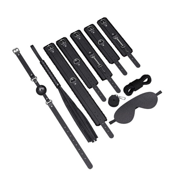 Kit Sado com Venda Mordaça Algema Tornozeleira Chicote e Corda Sexy Import