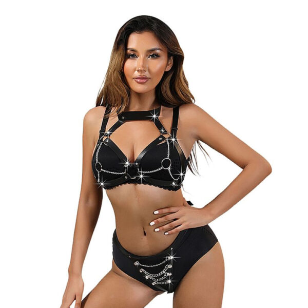 SI9308-Preto_1 Conjunto Harness com Top e Calcinha em Couro e Correntes Sexy Import