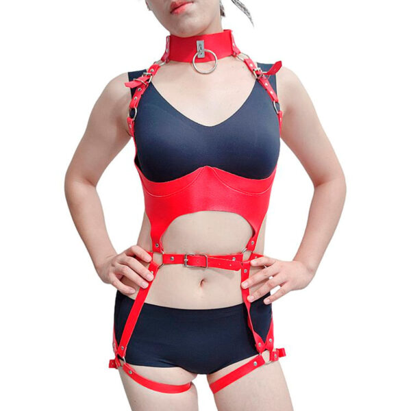 Colete Harness Corporal em Couro com Cinta Liga e Fivelas nas Costas Sexy Import
