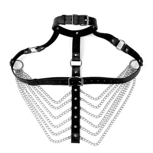 SI9318-Preto_1 Harness Corporal com Contorno de Cintura e de Busto com Correntes e Tiras de Couro Sexy Import