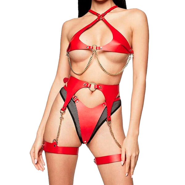 SI9333-Vermelho_1 Conjunto Harness com Top Calcinha e Cinta Liga em Couro Sexy Import